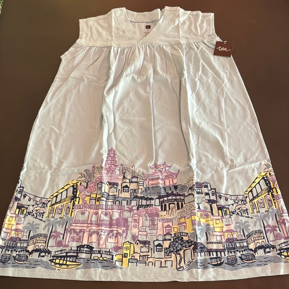 Tea Collection Light Blue Trapeze Dress with Cityscape Design
